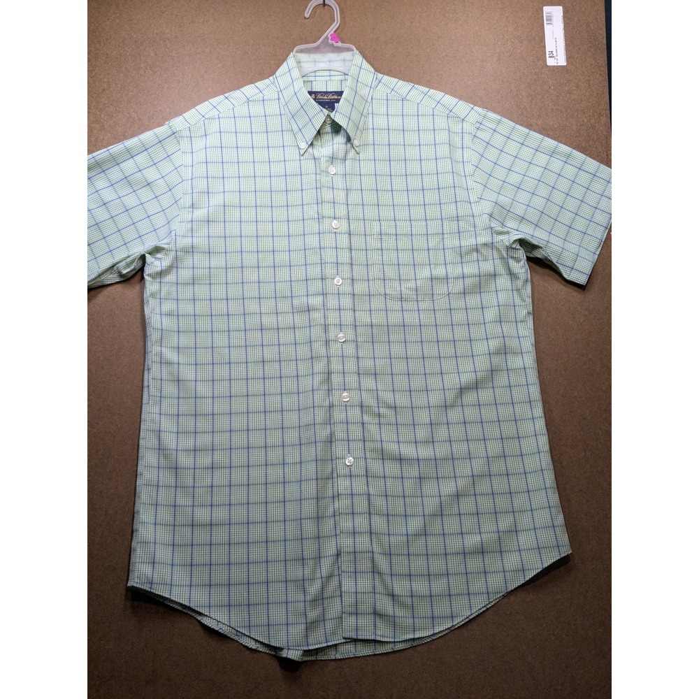Brooks Brothers Mens Medium Green Blue Check Non-Iron Short Sleeve Button Down